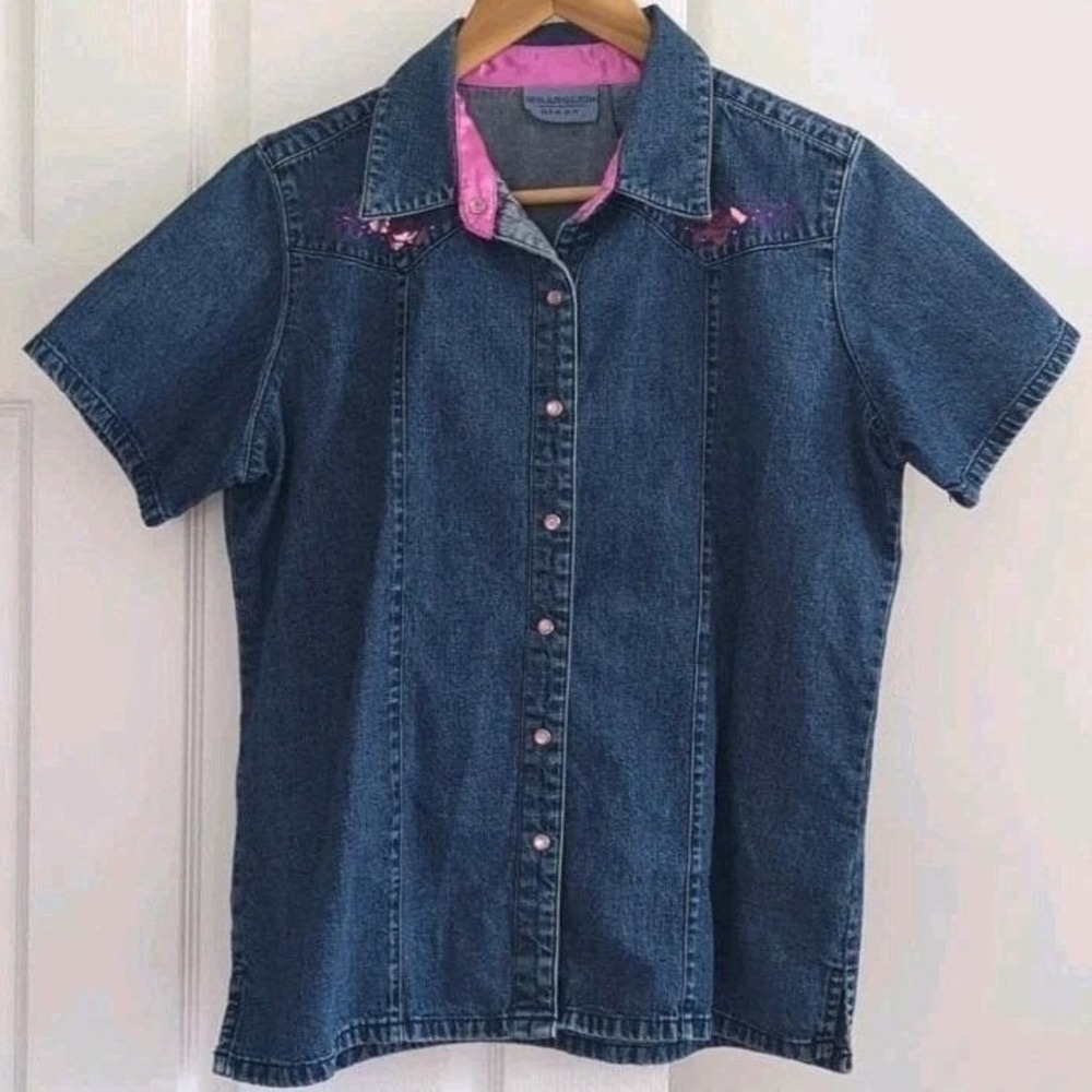 Vtg Wrangler Blues Denim Shirt Pink Floral Embroidery‎ Western Snap Front Sz M